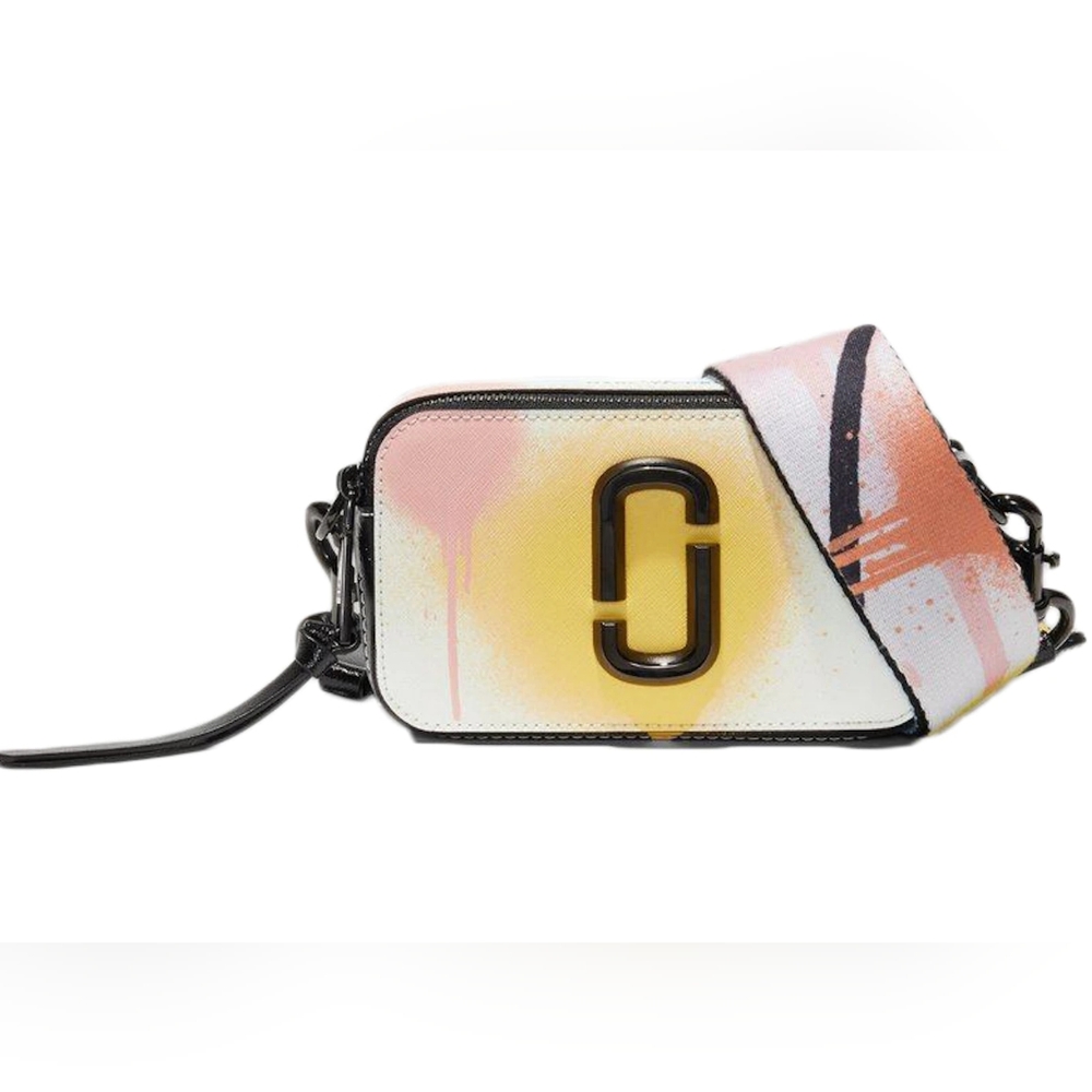 Marc Jacobs White Yellow Pink Spray-Paint Snapshot Crossbody Bag
